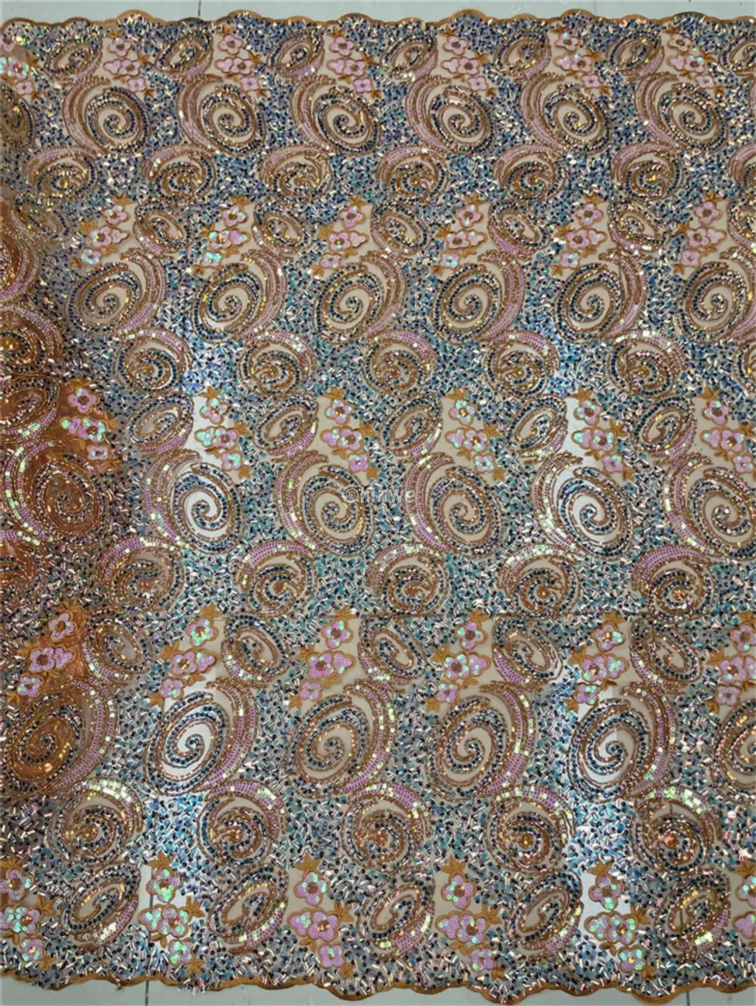Sequined Spiral Paisley Lace with Beaded Floral Detailing on Sheer Mesh Base African Wax Print Fabric