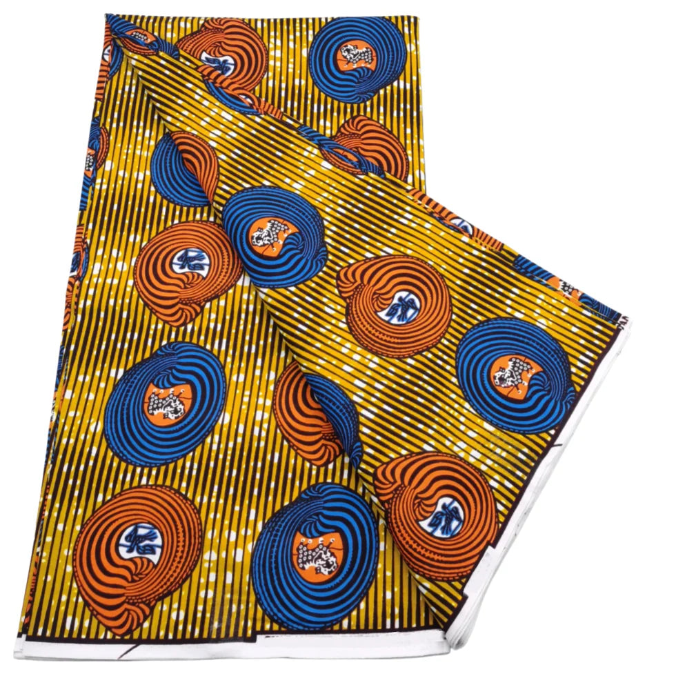 Mustard striped Ankara real wax print with blue and rust coiled circles, 100% cotton, 6 yards