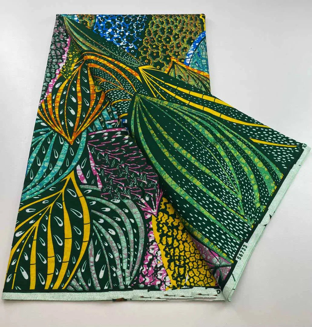 Emerald Leaf Gold Powder Wax Print – Big Green & Gold Leaves, 100% Cotton, 6 Yards