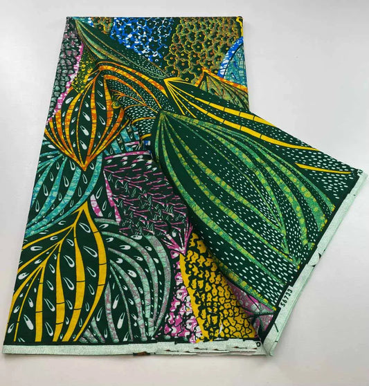 Emerald Leaf Gold Powder Wax Print – Big Green & Gold Leaves, 100% Cotton, 6 Yards