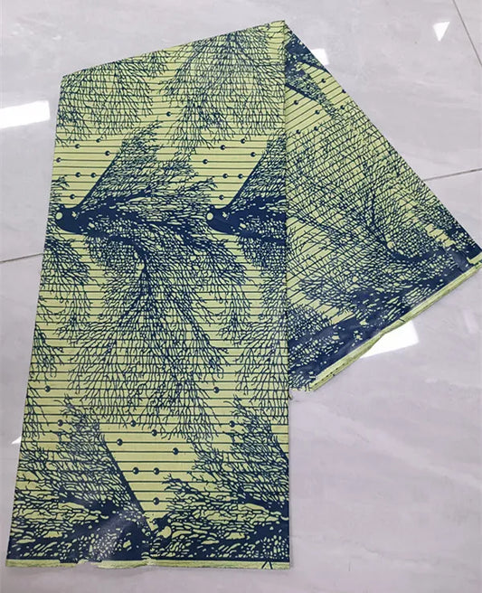 Navy Fern Two-Tone Ankara Real Wax Print – Navy Fronds on Pale Lime, 100% Cotton, 6 Yards
