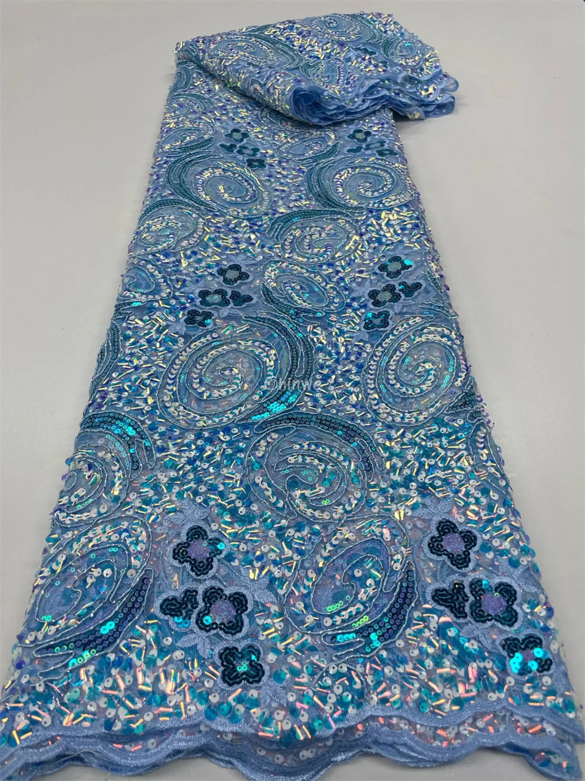 Sequined Spiral Paisley Lace with Beaded Floral Detailing on Sheer Mesh Base Turquoise blue with icy spiral shimmer / 5