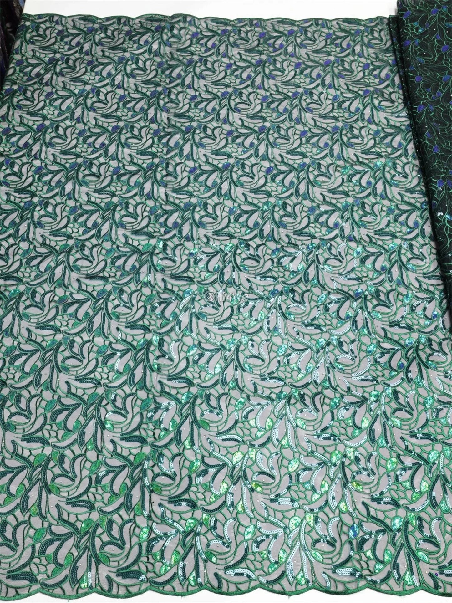 Emerald & Midnight Black Sequined & Embroidered Leaf & Vine Appliqué Mesh Print Fabric Lace