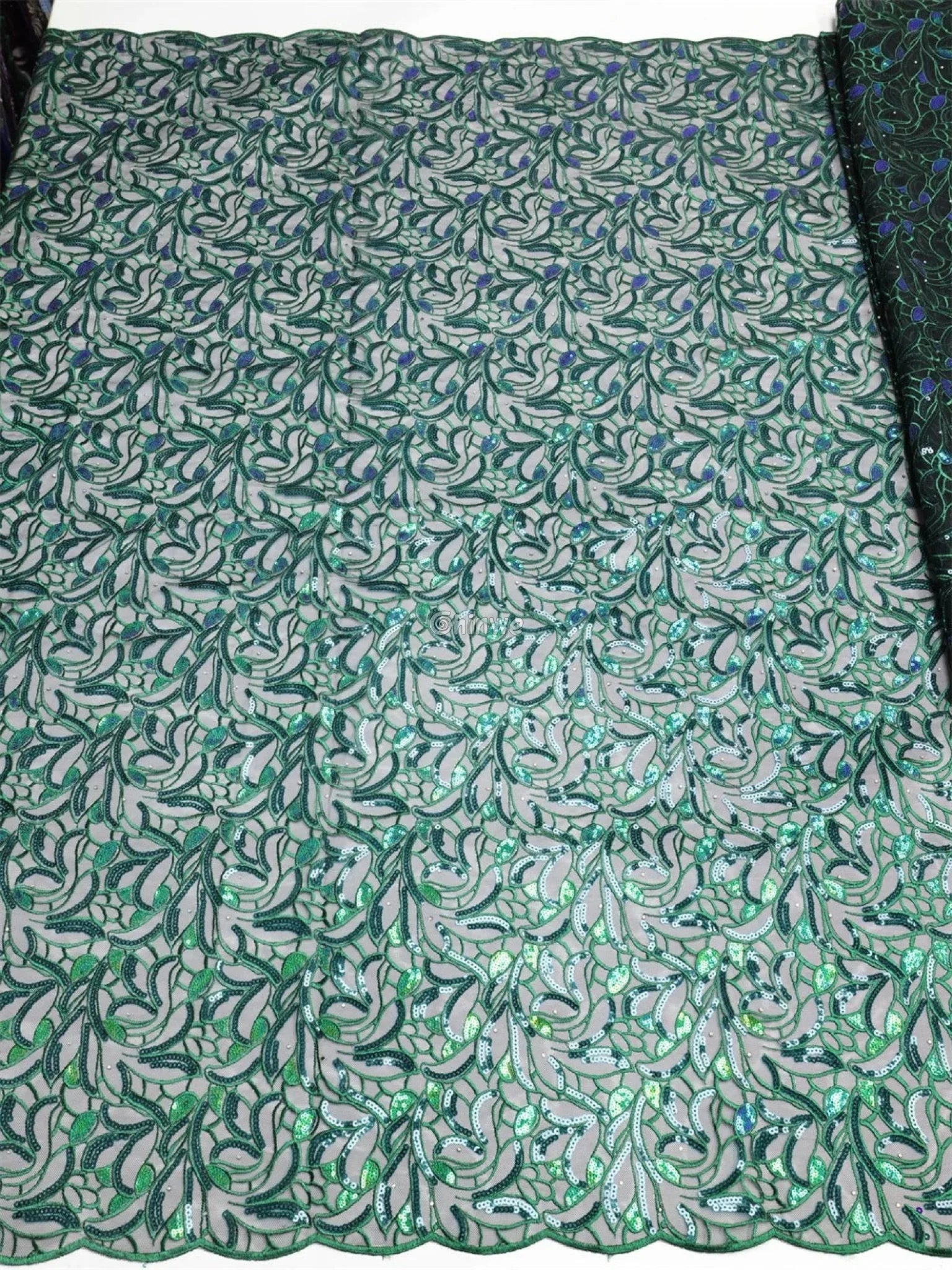 Emerald & Midnight Black Sequined & Embroidered Leaf & Vine Appliqué Mesh Print Fabric Lace