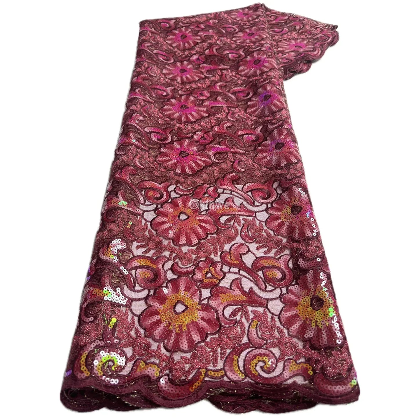 Cobalt & Aqua Floral Medallion Sequin Lace Print Fabric with Scalloped Edge and Lustrous Sheen Dusty Rose & Buttercup