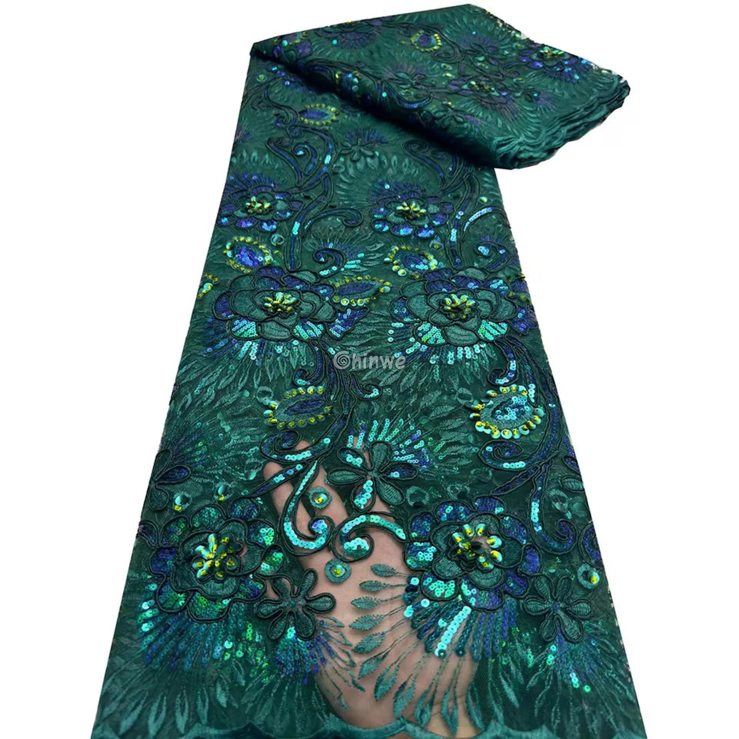 Emerald & Sapphire Blue Floral Vine Lace with Raised Petal Motifs and Iridescent Sequin Embellishments