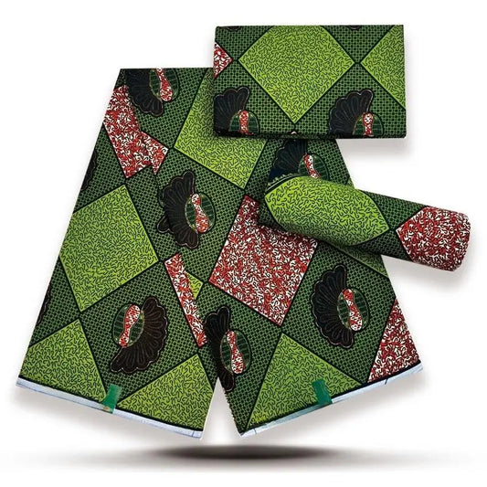 Green Diamond Patchwork Gold Sand Wax Print – Red & Black Accents, 100% Cotton, 6 Yards