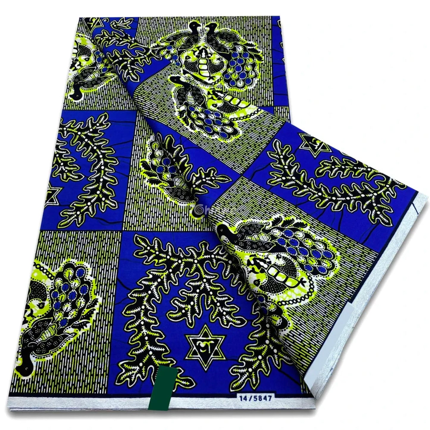 Deep Blue Panels with Olive Leaf Vines and Grapevine Clusters in Graphic Block Pattern 23 / 6 yards African Wax Print