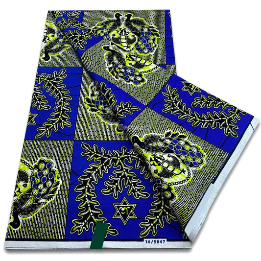 Deep Blue Panels with Olive Leaf Vines and Grapevine Clusters in Graphic Block Pattern 23 / 6 yards African Wax Print