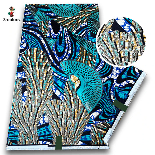 Navy Plume Fan Flash Gold Wax Print – White & Teal Feathers, Grand Super Glitter, 6 Yards