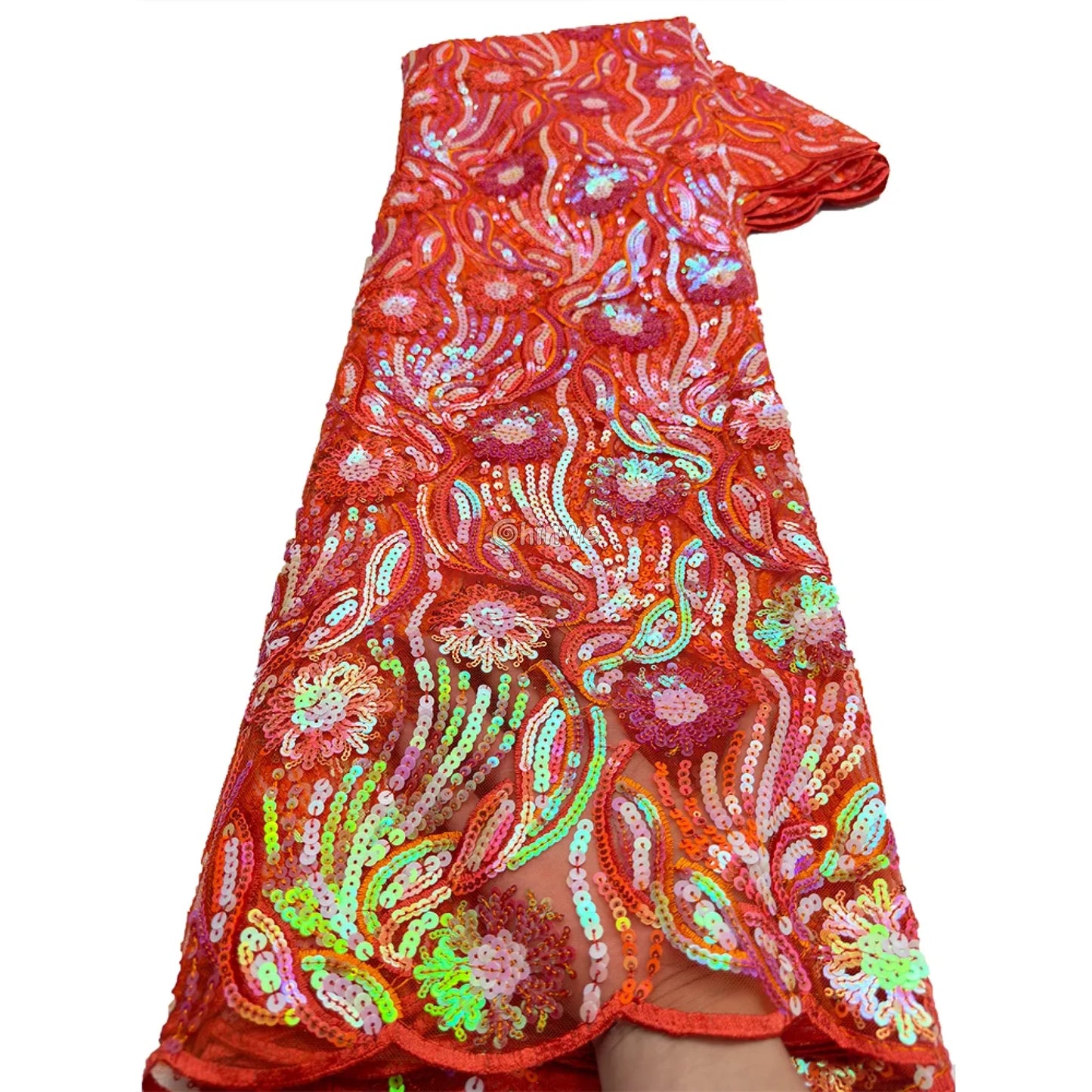 Amethyst & Rose Swirling Waves & Floral Medallion Sequin Print Fabric Coral & Citrine Swirl / 5 Yards / 120cm Lace