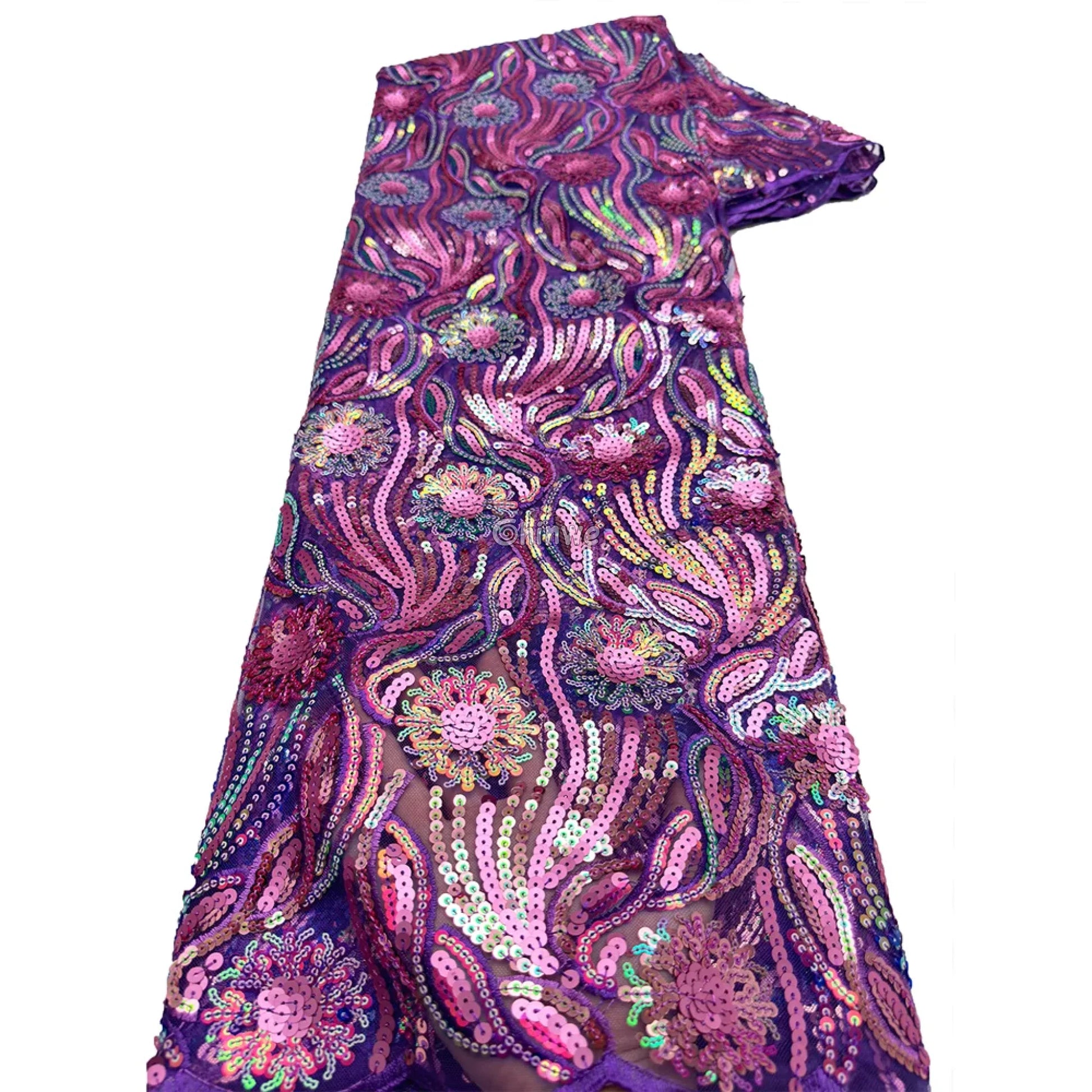 Amethyst & Rose Swirling Waves & Floral Medallion Sequin Print Fabric Amethyst & Rose Swirl / 5 Yards / 120cm Lace