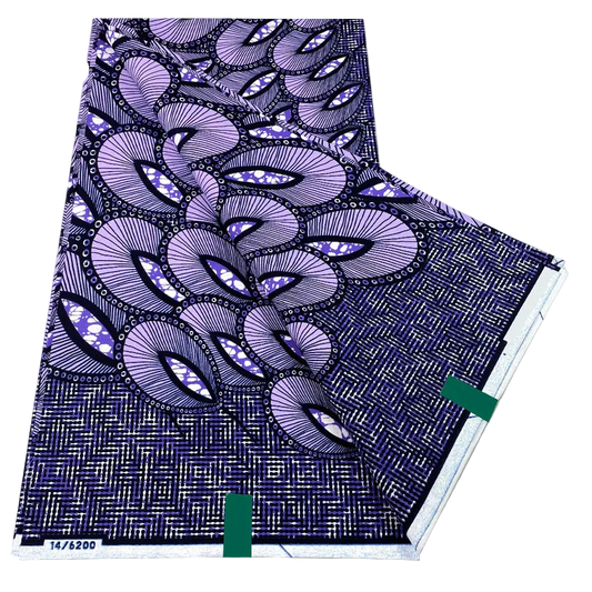 Lavender Feather Ankara Wax Print Fabric with purple and violet fan motifs, 6 yards