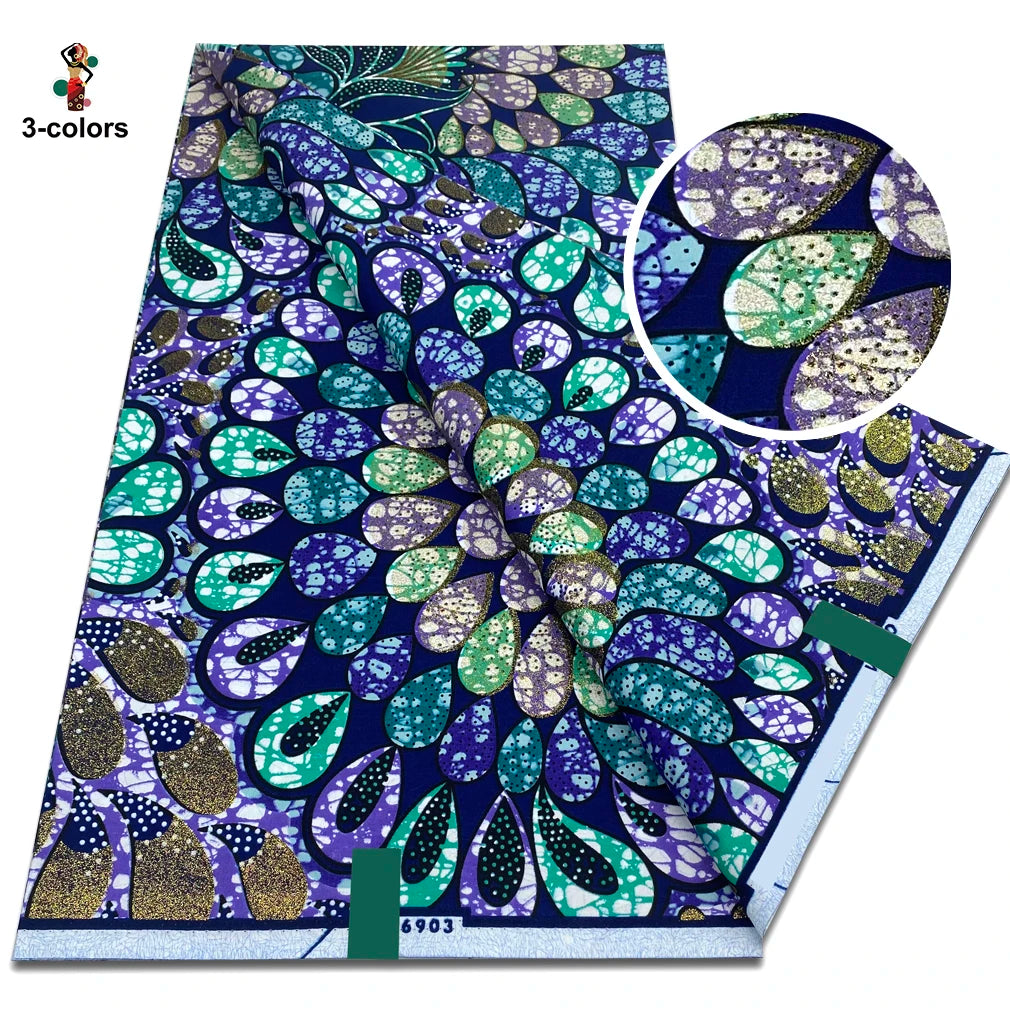 Peacock Petal Flash Gold Wax Fabric – Royal Blue & Olive or Navy & Mint, Grand Super Glitter, 6 Yards