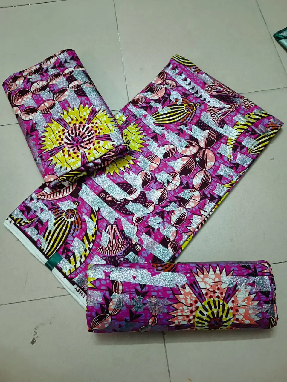 Magenta and Silver Starburst Stripe Ankara gold wax print fabric, 6 yards