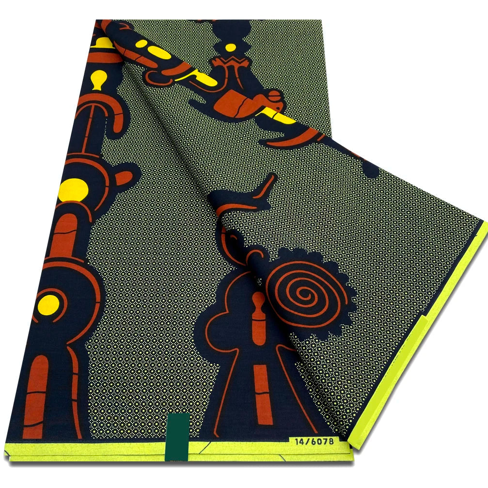 Grey-green Ankara wax print fabric with navy and rust spiral motifs and yellow dots