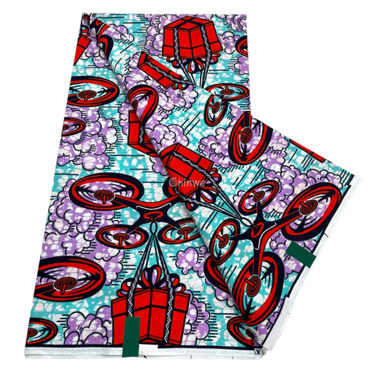 African Wax Print with Red Parcel Drones and Lilac Smoke on Sky Blue Batik Ground Tech-Inspired Motif Lavender Drone