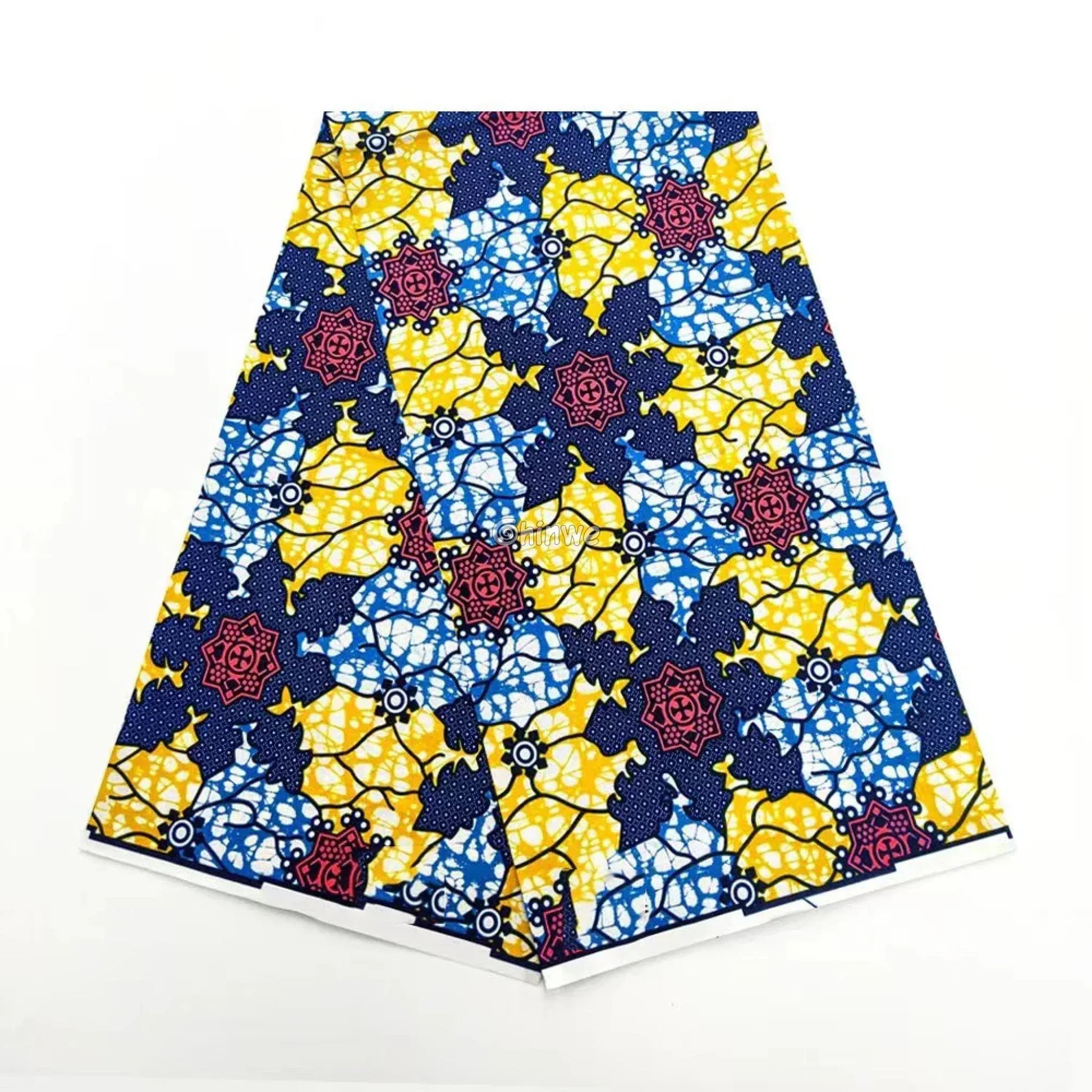 Petal Starburst & Crackle Bloom Motif Ankara Wax Print on Yellow & Blue Background Solar Blossom / 6 Yards African Wax