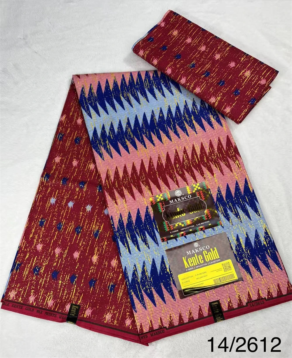 Burgundy, Pink and Blue Chevron Kente-Style Print Fabric, 6 Yards