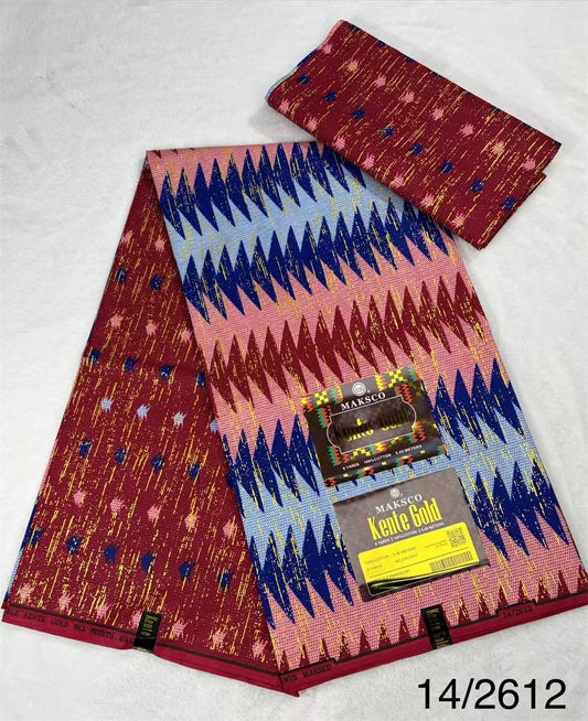 Burgundy, Pink and Blue Chevron Kente-Style Print Fabric, 6 Yards