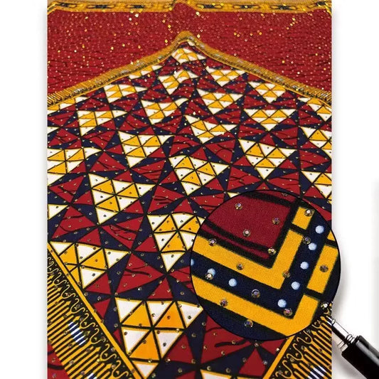 Red and Gold Triangle Mosaic Stoned Wax Print – Sparkle Stones, Real Wax, 6 Yards