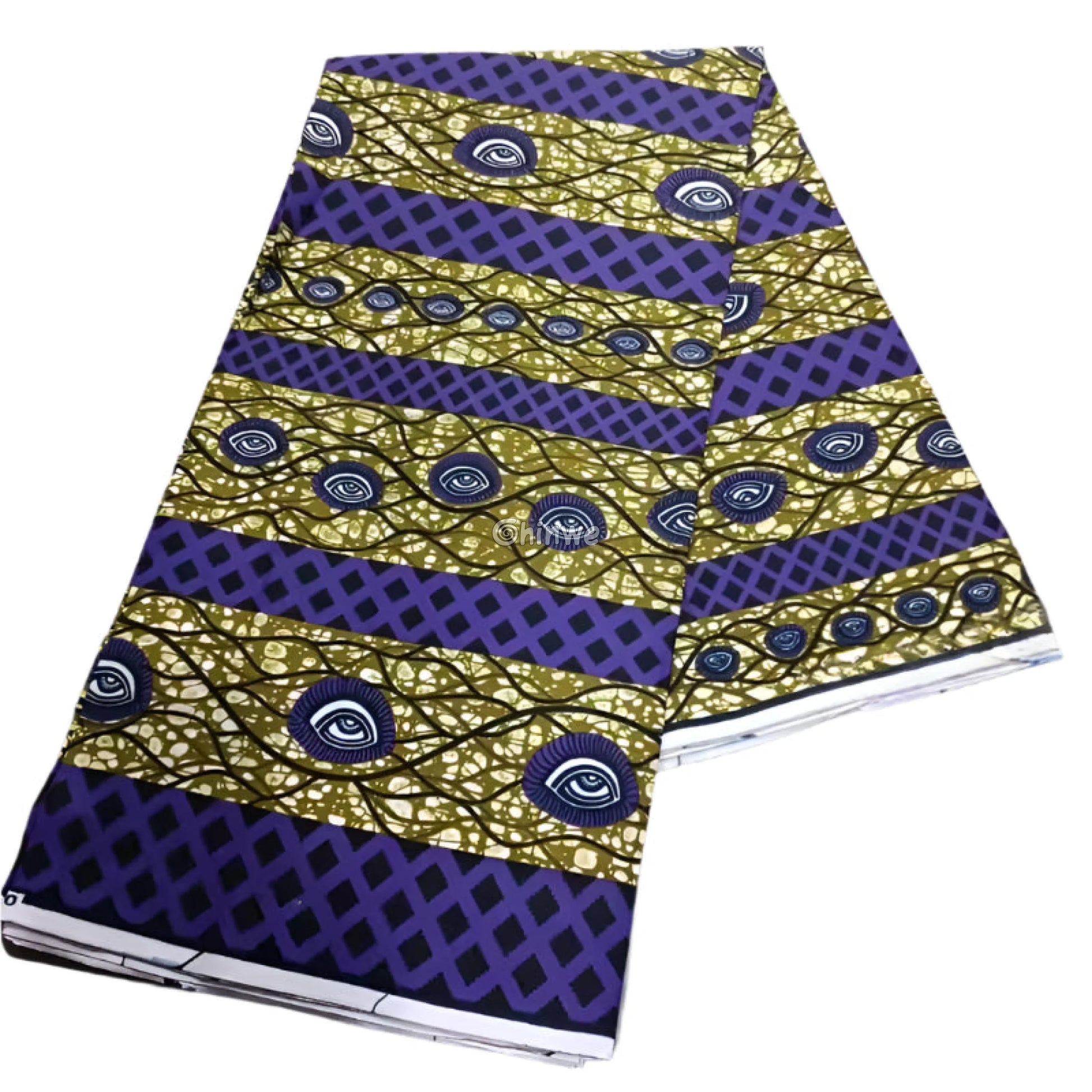Purple and Gold Ankara Fabric with Eye Symbol and Geometric Lattice Design 6 Yards African Wax Print Fabric