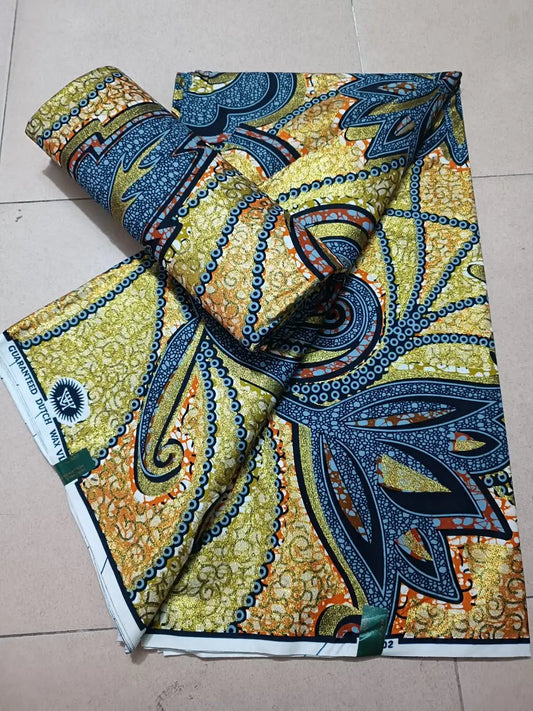 Gold and Navy Lily Petal Ankara gold wax print fabric, 6 yards