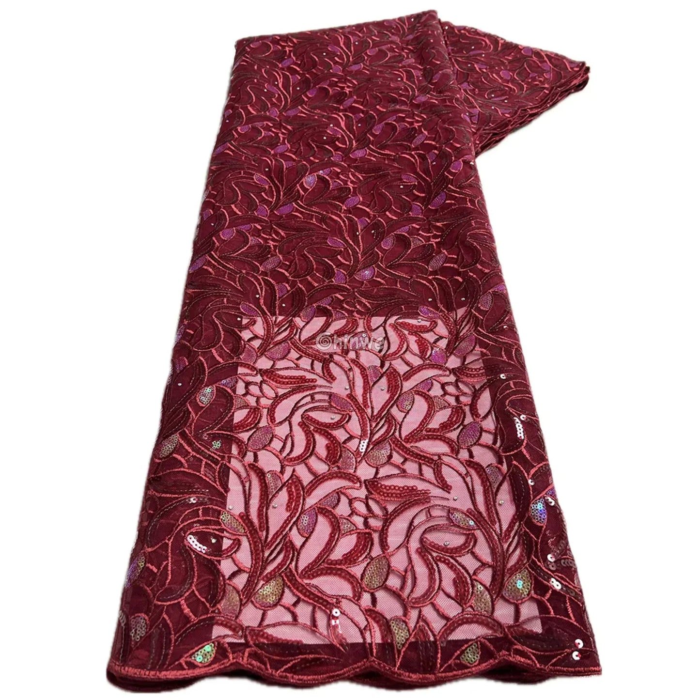 Emerald & Midnight Black Sequined & Embroidered Leaf & Vine Appliqué Mesh Print Fabric Merlot Red & Rosewood Leaf