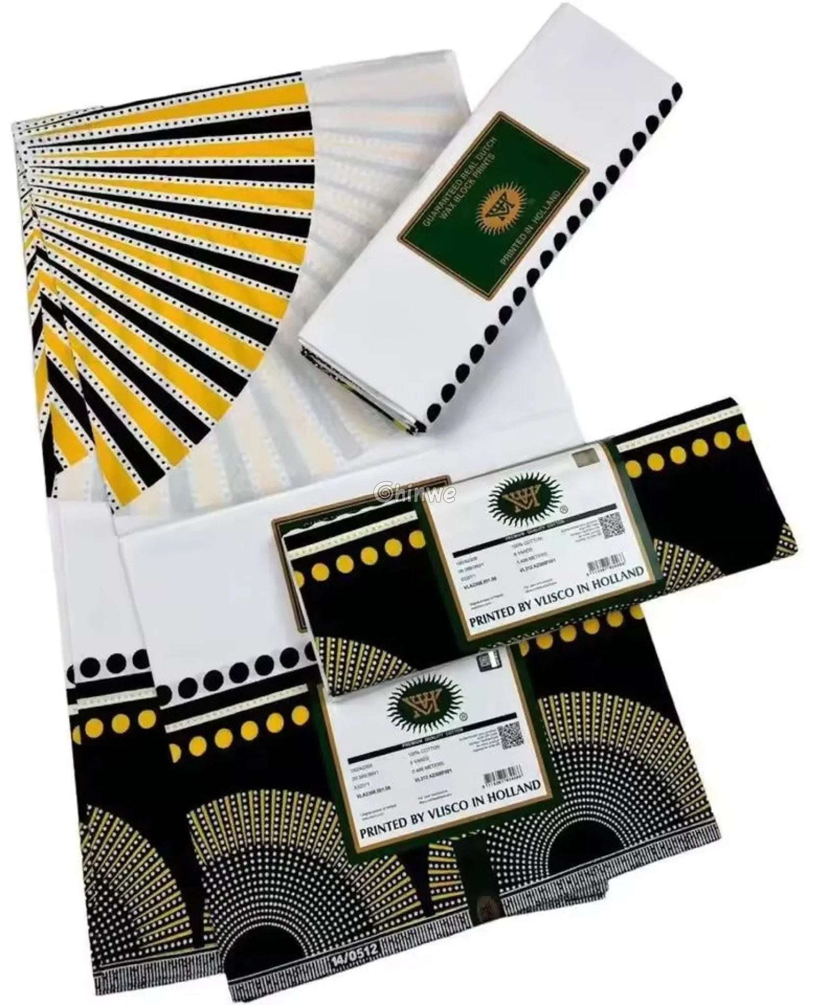 Sunburst and Dotted Arch African Wax Print Fabric in Black White and Yellow 6 Yards African Wax Print Fabric