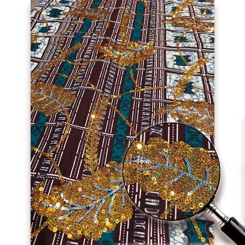 Bronze & Teal Plaid Sequin Wax Fabric – Gold Sequin Flowers, 100% Cotton, 6 Yards
