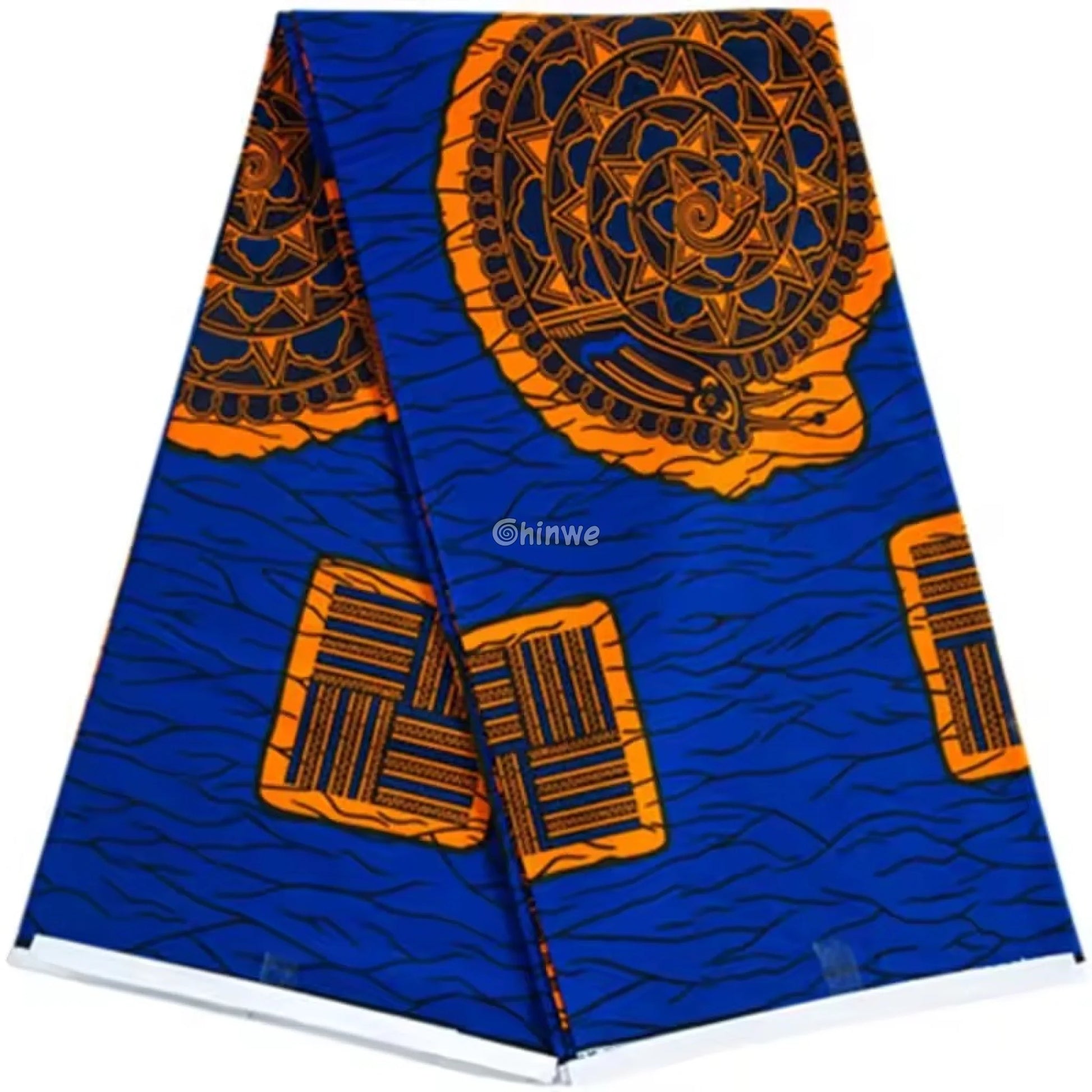 Royal Blue & Golden Medallion Ankara Fabric with Abstract Square Motif for Statement Apparel 6 yards cotton