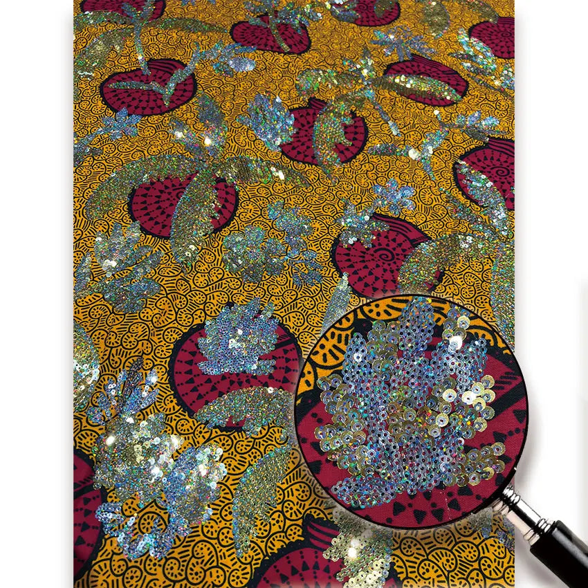 Mustard & Magenta Bloom Sequin Wax Fabric – Silver Sequin Flowers, 100% Cotton, 6 Yards