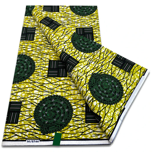 Yellow Tangle Pattern with Olive Mandala Circles and Black Pinstripe Grids in Repeat Layout Olive Mandala & Grid / 6