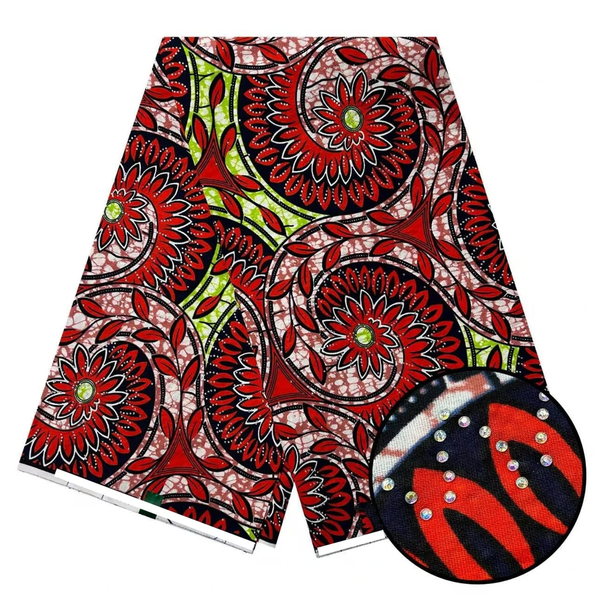 Red Spiral Medallion Stoned Wax Print – Lime Accents, Real Wax with Stones, 6 Yards