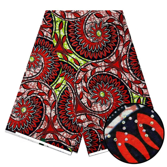 Red Spiral Medallion Stoned Wax Print – Lime Accents, Real Wax with Stones, 6 Yards