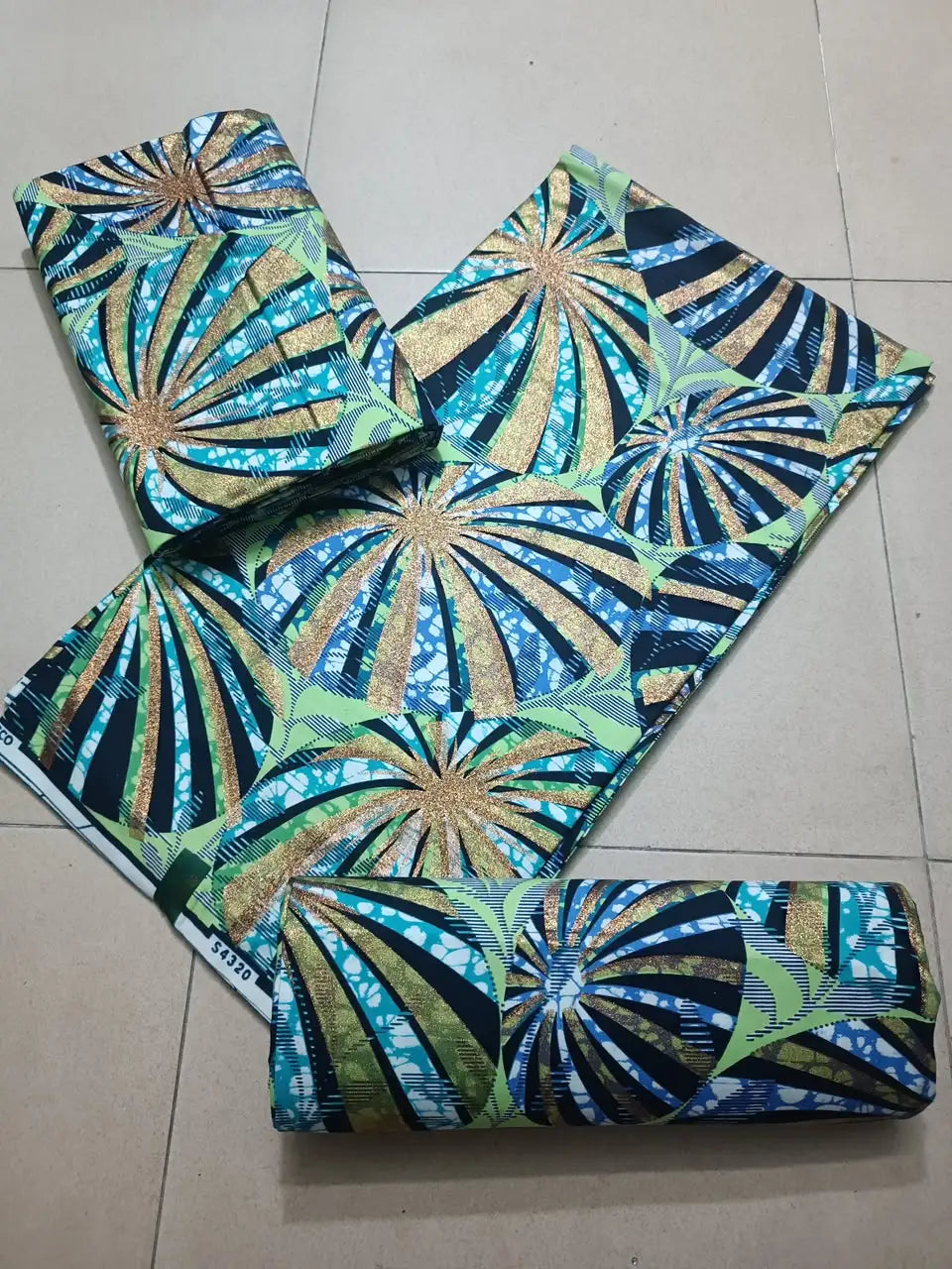 Teal and Gold Starburst Fan Ankara gold wax print fabric, 6 yards