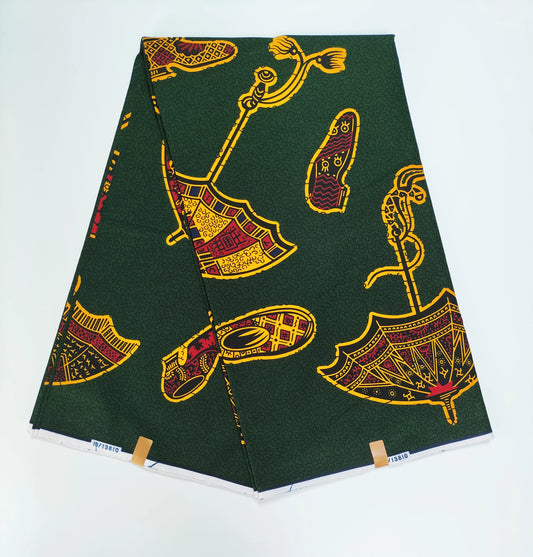Umbrella & Fan Ankara Real Wax Print – Forest Green or Royal Blue, Gold Motifs, 100% Cotton, 6 Yards