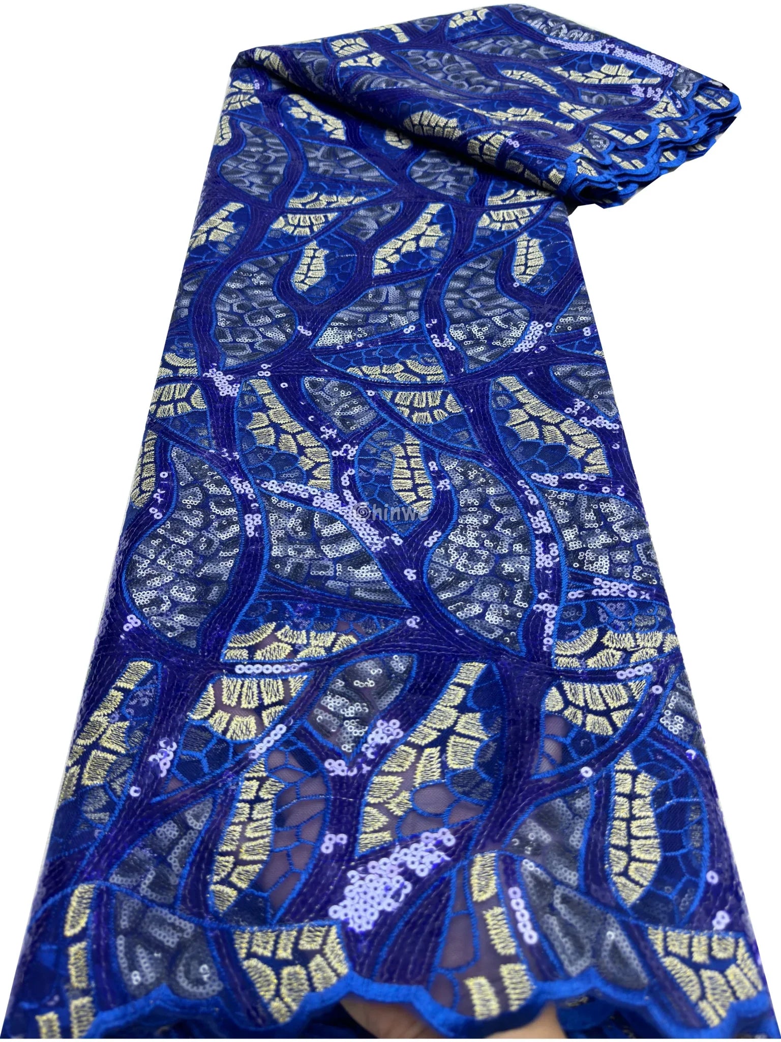 Swirl Sequin Embroidered Lace Print Fabric with Metallic Accents & Scalloped Edge Detail Royal Blue & Gold Swirl Lace