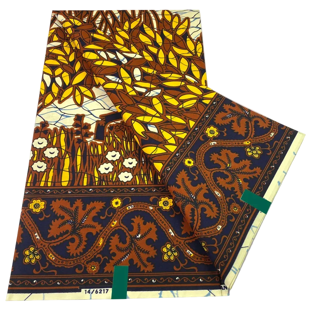 Autumn Leaf Ankara Wax Print Fabric – Gold, Brown and Cream Botanical Border, 6 Yards