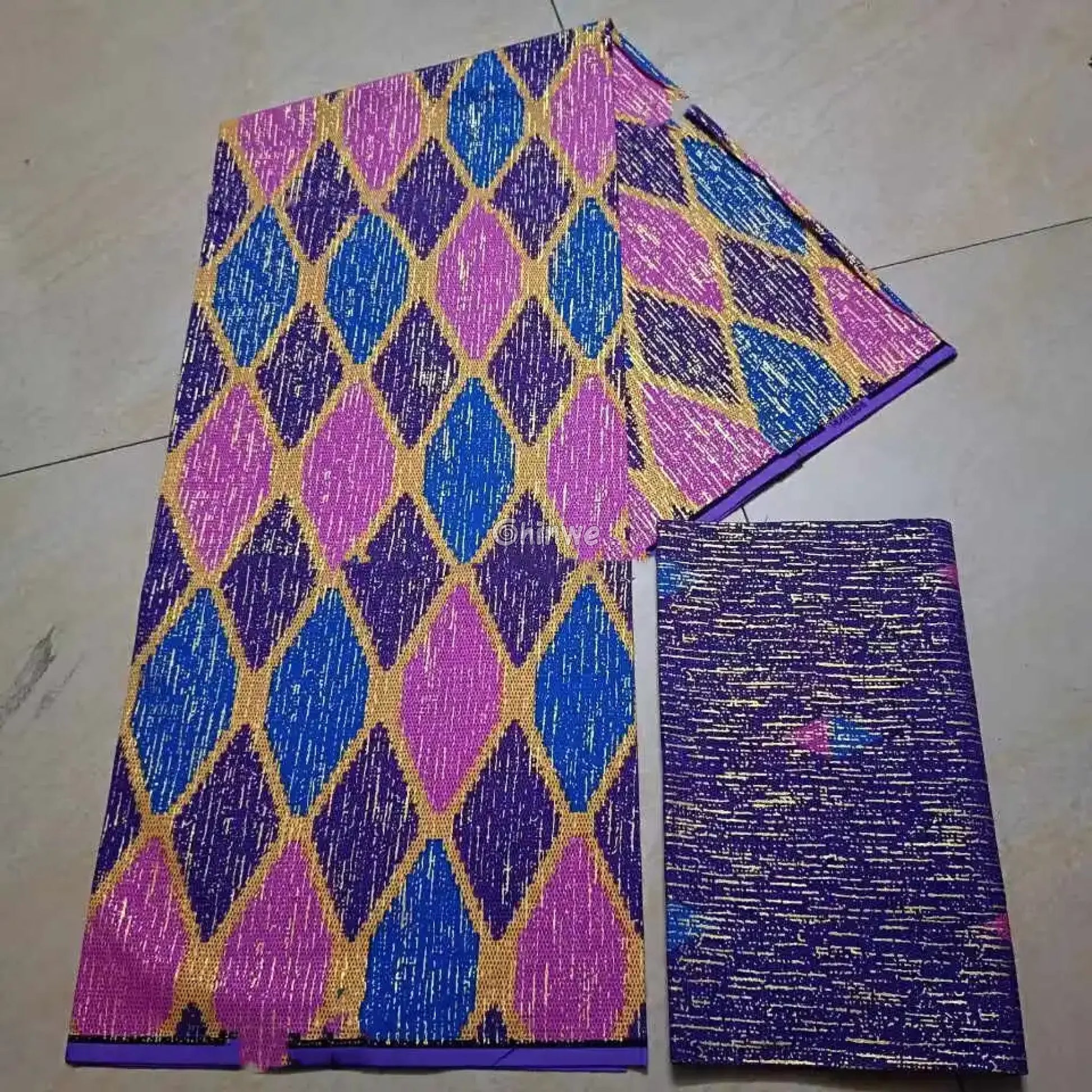 Purple Blue & Pink Kente Brocade with Elongated Diamond Motif and Metallic Gold Accents Sapphire Bloom Kente / 6yards