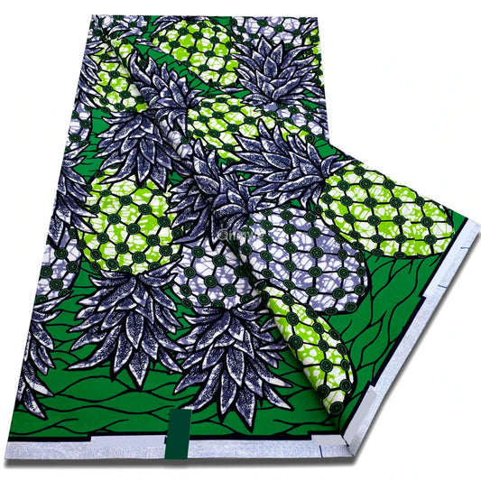 Green Wax Print with Pinecone Leaf Cluster & Honeycomb Dot Pattern on Webbed Grid Base Pine Blossom Web / 6 yards