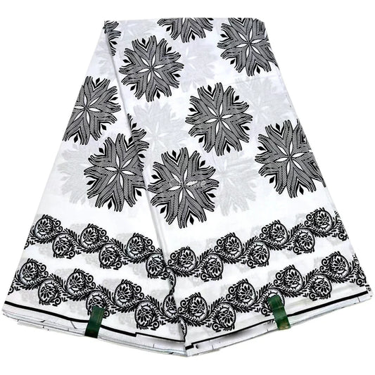 Elegant Monochrome Bloom Fabric – Black Floral Pattern on White Ankara Wax Print 6 Yards African Wax Print Fabric