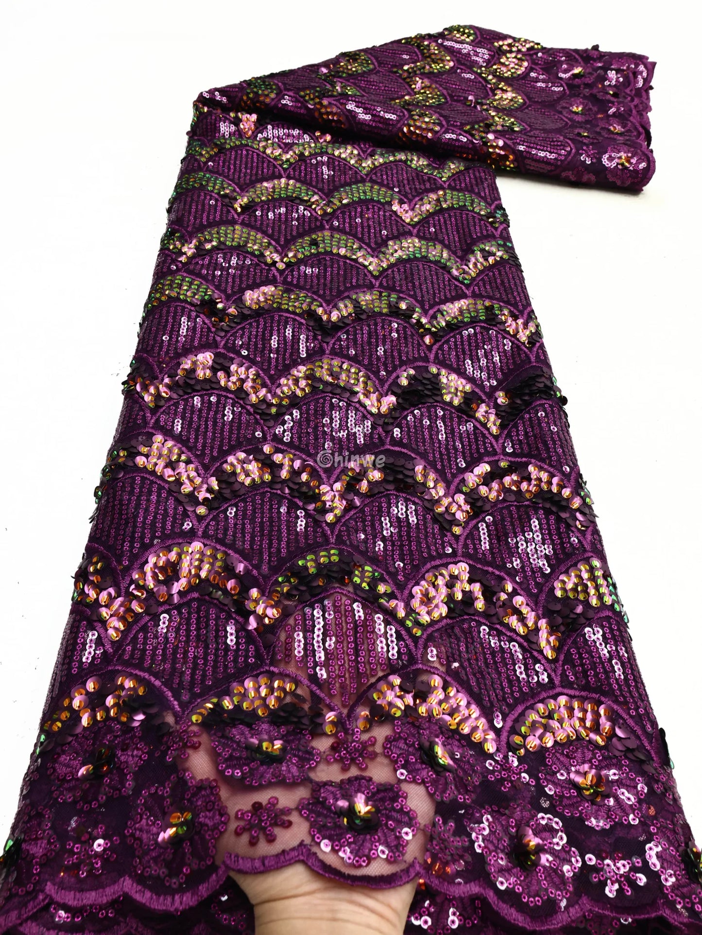 Scalloped-Arch Sequin Lace Print Fabric with Embroidered Floral Border and Sequined Sheen Plum Purple Scalloped‐Arch