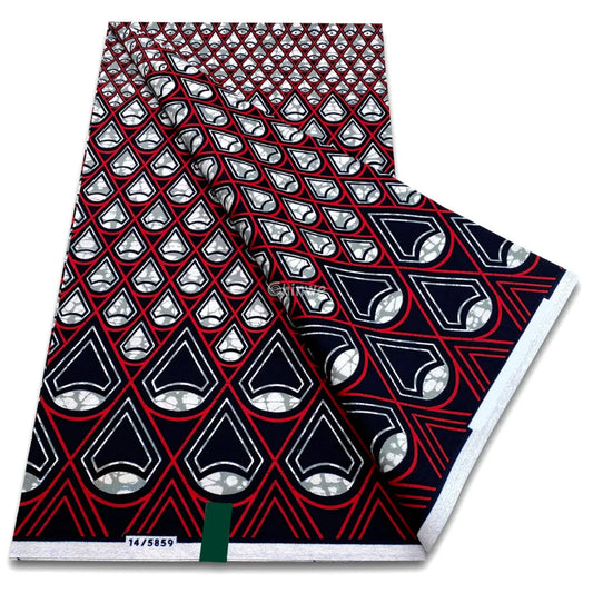 Layered Teardrop & Chevron Pattern in Black Red & White with Repeating Diamond Formation 11 / 6 yards African Wax Print