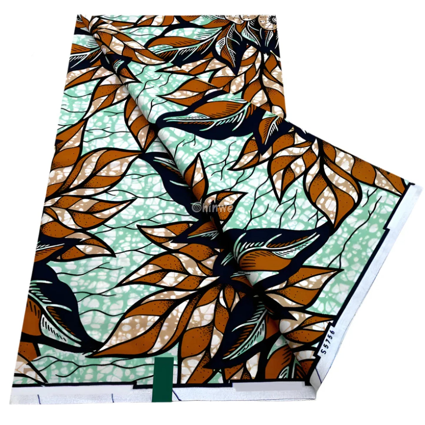 Layered Leaf Motif with Burnt Orange Petals over Wax-Crackled Mint Ground and Stylized Vine Stems Pale Mint & Amber / 6