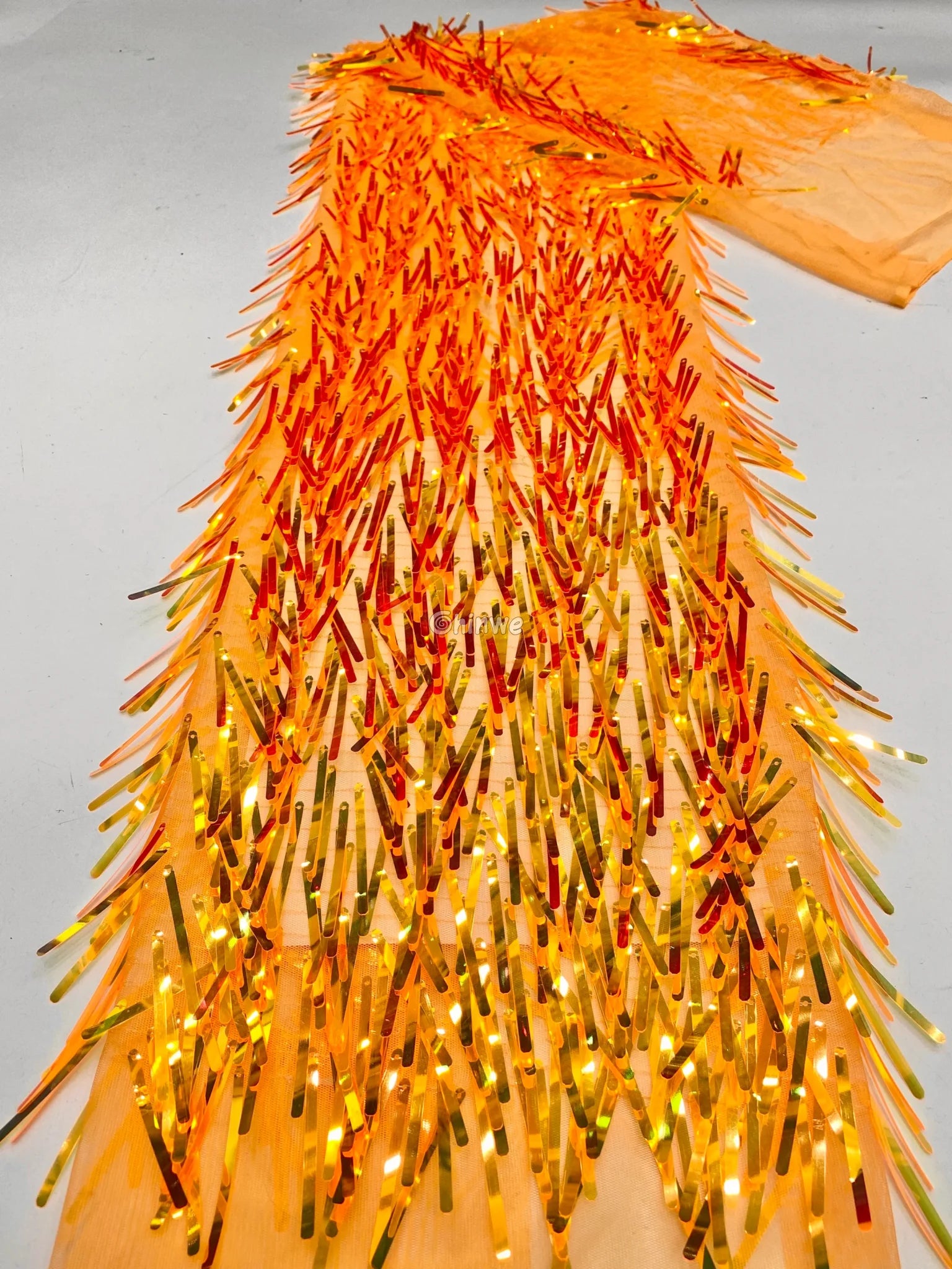 Iridescent Sequin Tinsel Fringe Fabric with Layered Shimmer Strips and Sheer Mesh Base Tangerine Fire Fringe / 120cm