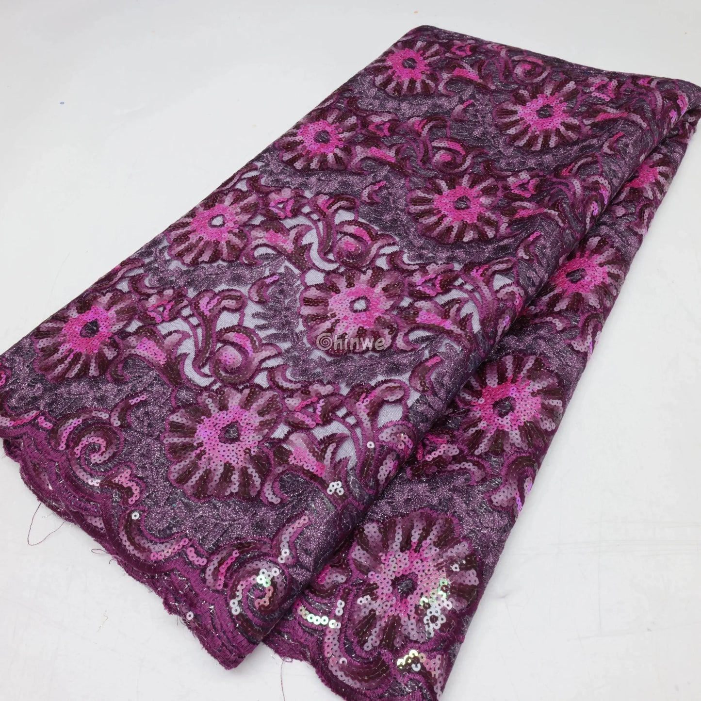 Cobalt & Aqua Floral Medallion Sequin Lace Print Fabric with Scalloped Edge and Lustrous Sheen Lace