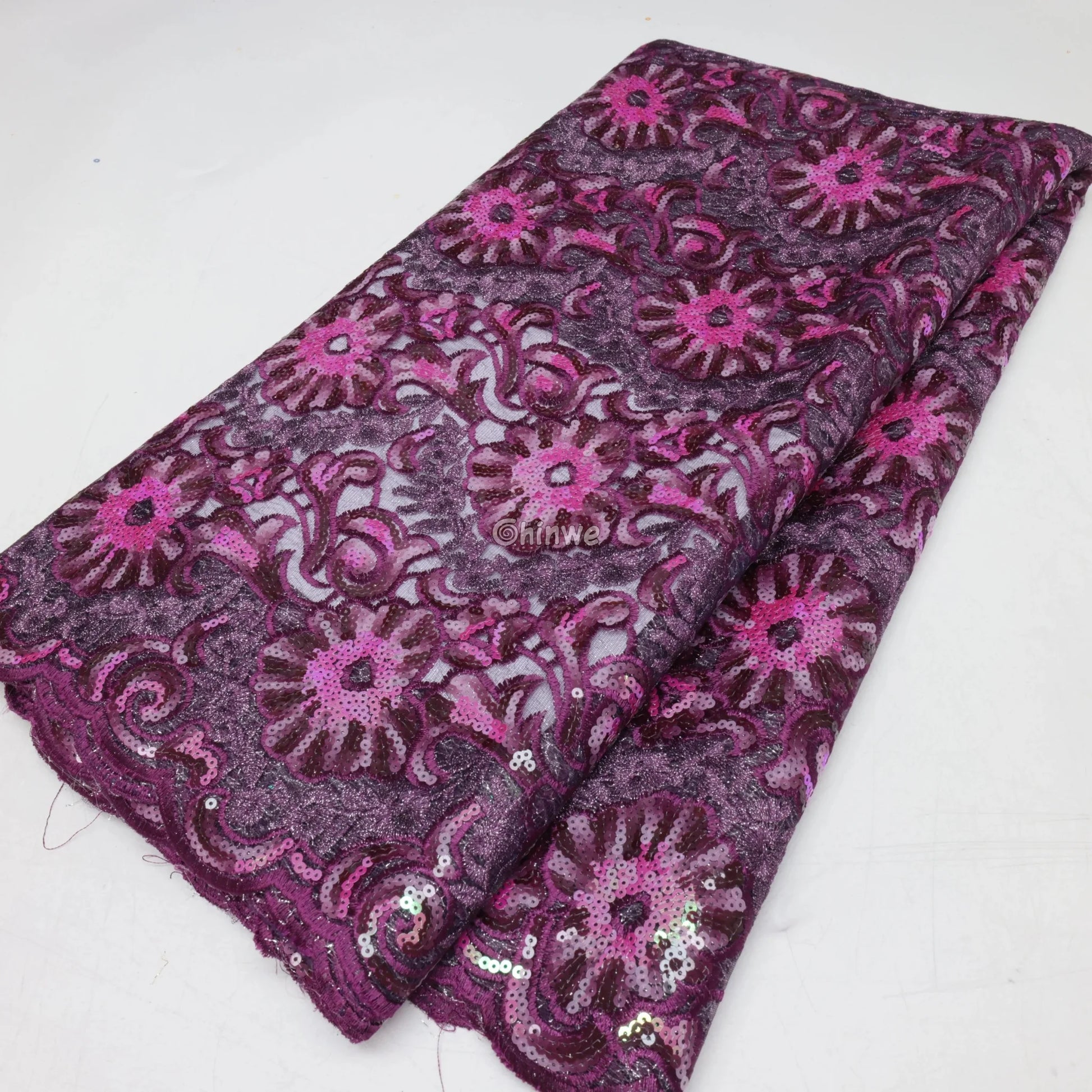 Cobalt & Aqua Floral Medallion Sequin Lace Print Fabric with Scalloped Edge and Lustrous Sheen Lace