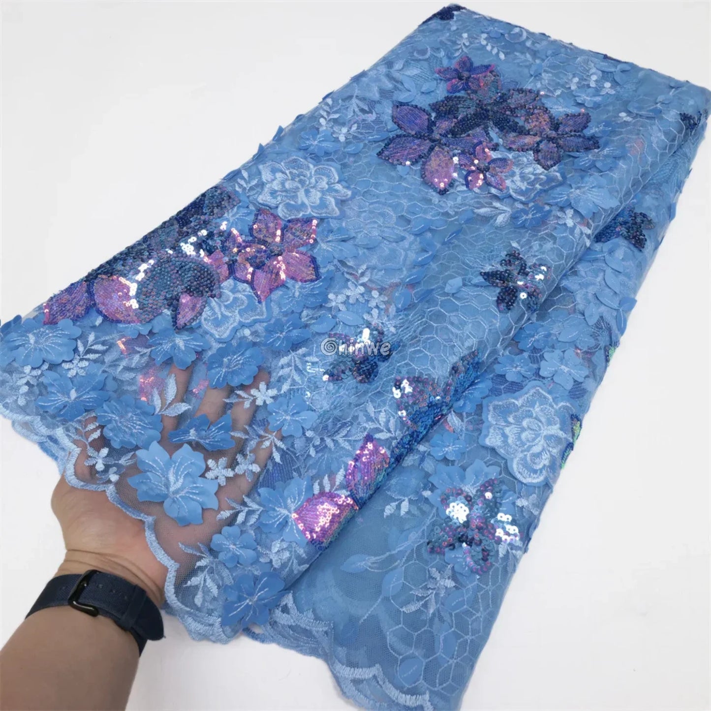 Embroidered 3D Sequin Lace Fabric with Floral Appliqué on Soft Tulle Mesh for Couture Sewing Projects Sky blue with