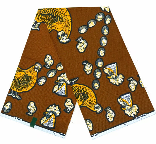 Hen & Chicks Ankara Jacquard Wax Print – Brown or Lilac, 100% Cotton, 6 Yards